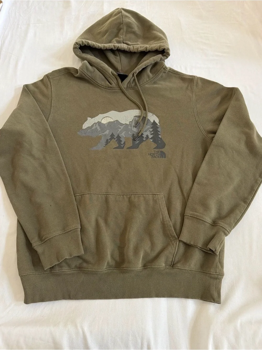 The North Face Olive Green Pullover Hoodie with Bear Graphic